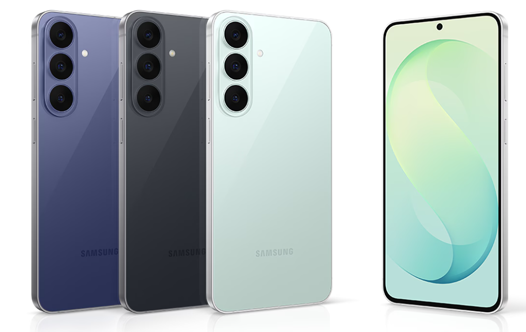 Samsung Galaxy S26 FE smartphone in Graphite, Pistachio, and Blueberry colors showing US carrier deals